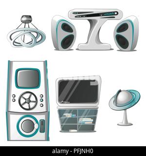 A set of interior and electronic equipment in the High-Tech style isolated on white background. Interior design in futuristic style. Vector illustration. Stock Vector