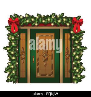 Brightly decorated entrance door isolated on white background. Idea festive interior. Attributes of New year and Christmas. Festive garland made of fir tree branches with red ribbon bow vector closeup Stock Vector