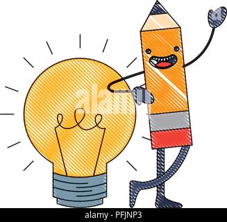 kawaii wooden pencil bulb idea cartoon vector illustration Stock Vector