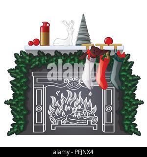 Stylish shelf with New Year and Christmas gifts and drawn of chalk on the wall burning fireplace. Festive interior with chalkboard, hanging socks, Christmas decorations, baubles. Vector illustration. Stock Vector