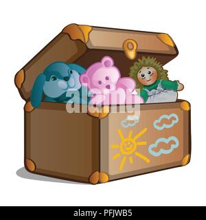 Open old suitcase with toys isolated on white background. Vector cartoon close-up illustration. Stock Vector