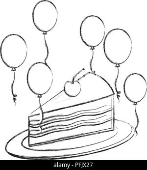 birthday piece cake with cherry and balloons decoration hand drawing Stock Vector