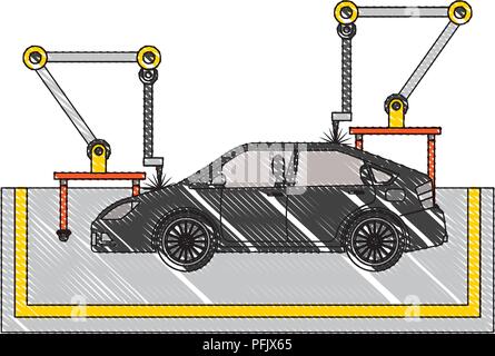 assembly line tires automatic auto production conveyor robotic drawing color Stock Vector