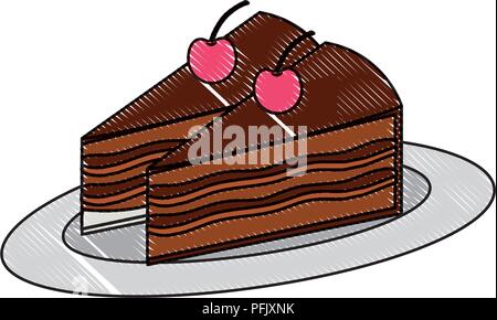 delicious pieces cake with cherries fruit on dish drawing color Stock Vector