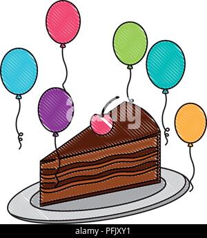 birthday piece cake with cherry and balloons decoration Stock Vector