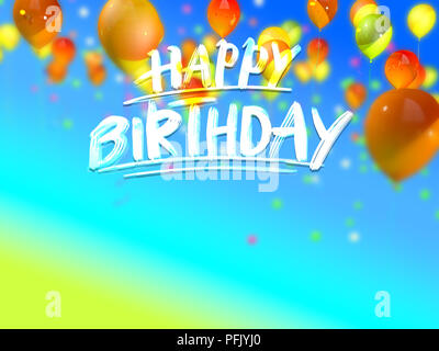 happy birthday greeting card. Hand drawn lettering on 3d background rendering. Stock Photo