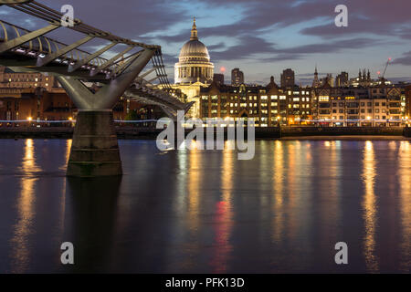 LONDON, ENGLAND - JUNE 18, 2016: Night photo of Millennium Bridge and  St. Paul Cathedral, London, Great Britain Stock Photo