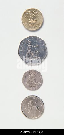 One Pound Coin, Fifty Pence Coin, Twenty Pence Coin, and Ten Pence Coin Stock Photo