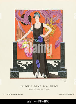 La Belle Dame Sans Merci.  A Beautiful, Merciless Woman. Robe du Soir, de Worth.  Evening dress by Worth.  Art-deco fashion illustration by French artist George Barbier, 1882-1932.  The work was created for the Gazette du Bon Ton, a Parisian fashion magazine published between 1912-1915 and 1919-1925. Stock Photo