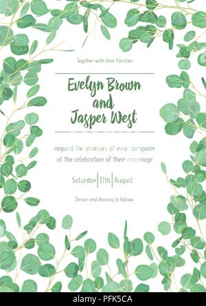 Wedding eucalyptus vertical vector design banner frame. Rustic greenery invitation card. Green tones. Watercolor style collection. Mediterranean tree. Stock Vector
