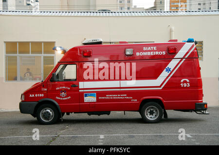 Brazilian fire brigade ambulance parked outside fire station, side view Stock Photo