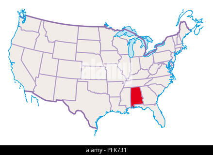 Map of USA, Alabama highlighted in red Stock Photo