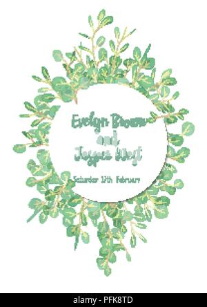Herbal wedding invitation, greeting card, banner, certificate, label with green eucalyptus leaves and branches in a round frame isolated on white back Stock Vector