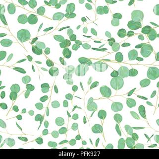 Vector seamless background of green eucalyptus leaves and branches on white isolated. Cute rustic illustration Stock Vector