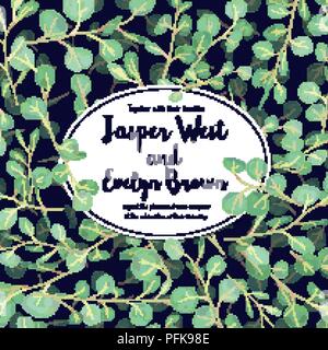 Sample certificate, wedding invitation, banner with green eucalyptus leaves and branches on a black background in an oval frame. Watercolor vector, ha Stock Vector