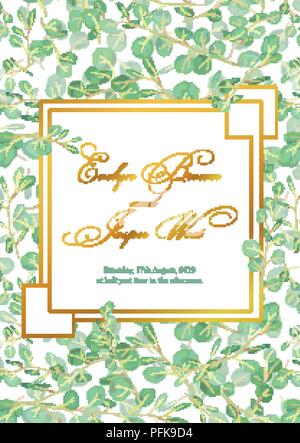Beautiful rustic wedding invitation card with eucalyptus green leaves and branches in a gold geometric square frame isolated on white background. Vert Stock Vector