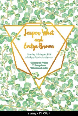 Wedding invitation card with leaves and eucalyptus branches with golden triangular design and hexagonal frame isolated on white background. Vertical Stock Vector