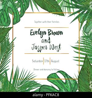 Wedding Invitation, floral invite card Design with green tropical forest palm leaves, forest fern greenery simple, square golden border print. Vector  Stock Vector