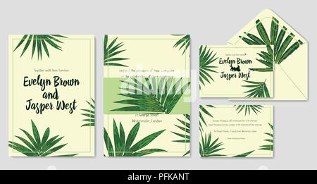 Wedding invite, envelope, rsvp, holiday card. Design with Green Howea palm leaves on a beige background and frames in summer style. Vector tropical la Stock Vector