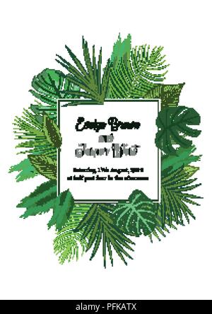 Watercolor frame of colorful tropical palms leaves. Concept of the jungle for the design of invitations, greeting cards and wallpapers. Stock Vector