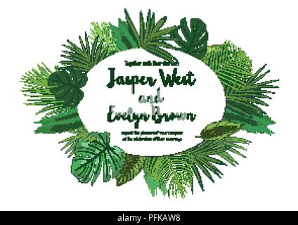 Wedding Invitation, floral invite card Design with green tropical forest palm tree leaves, forest fern greenery simple, with oval frame border. Vector Stock Vector