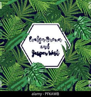 Wedding Invitation, floral invite card Design with green tropical forest palm tree leaves with hexagon frame border on a black background. Vector cute Stock Vector