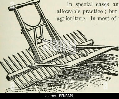 . Cyclopedia of farm crops : a popular survey of crops and crop-making methods in the United States and Canada. Agriculture -- Canada; Agriculture -- United States; Farm produce -- Canada; Farm produce -- United States. Fig. 109. The mowing machine,&quot; 1823. Invented and patented by Jeremiah Bailey, Chester county, Pa. &quot;It has been exten- sively used and approved of during the last season. . It is understood that it will mow ten acres per day.&quot; The cutting is done by a horizontal revolving circular scythe, working against a whetstone. I hope in the course of a few years, we shall  Stock Photo