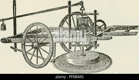 . Cyclopedia of farm crops : a popular survey of crops and crop-making methods in the United States and Canada. Agriculture -- Canada; Agriculture -- United States; Farm produce -- Canada; Farm produce -- United States. OUTLINE OF CROP MANAGEMENT 83. Fig. 109. The mowing machine,&quot; 1823. Invented and patented by Jeremiah Bailey, Chester county, Pa. &quot;It has been exten- sively used and approved of during the last season. . It is understood that it will mow ten acres per day.&quot; The cutting is done by a horizontal revolving circular scythe, working against a whetstone. I hope in the c Stock Photo