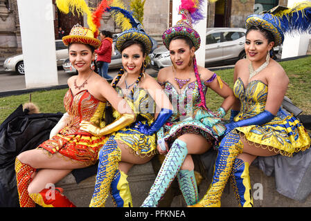 Caporales dancers in ornate costumes in the mining city of Potosi, ahead of the Bolivian Independence Day celebrations. Stock Photo