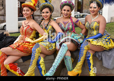 Caporales dancers in ornate costumes in the mining city of Potosi, ahead of the Bolivian Independence Day celebrations. Stock Photo