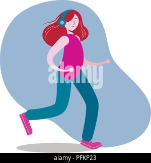 Woman in headphones running and listening music scribble Stock Vector