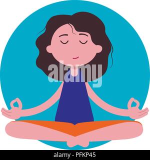 Vector illustration with meditating woman in lotus yoga pose with Om sign,  scroll and sunburst on white background with grunge texture. Yoga concept  print, poster, card and flyer design. Stock Vector