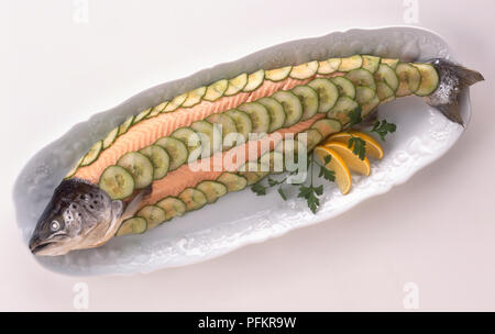 Poached salmon garnished with sliced cucumber, a typical Scottish dish, view from above Stock Photo