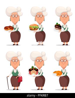 Grandmother wearing eyeglasses. Silver haired grandma, set of nine poses. Cartoon character. Vector illustration on white background Stock Vector