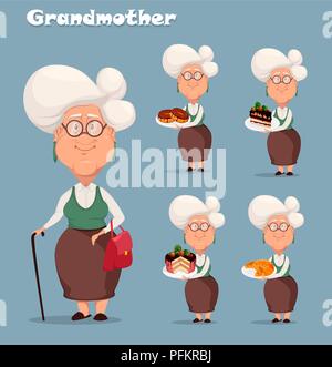 Grandmother wearing eyeglasses. Silver haired grandma, set of five poses. Cartoon character. Vector illustration on white background Stock Vector