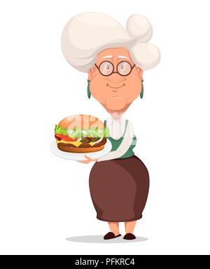 Grandmother wearing eyeglasses. Silver haired grandma. Cartoon character holding plate with big tasty hamburger. Vector illustration on white backgrou Stock Vector