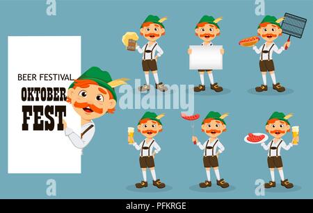 Oktoberfest, beer festival. Funny redhead man, cartoon character, set of seven poses. Vector illustration Stock Vector