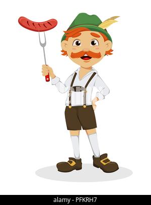 Oktoberfest, beer festival. Funny redhead man, cartoon character holding grilled sausage on a fork. Vector illustration on white background Stock Vector