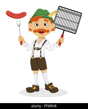 Oktoberfest, beer festival. Funny redhead man, cartoon character holding grilled sausage on a fork and grid. Vector illustration on white background Stock Vector