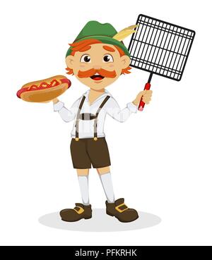 Oktoberfest, beer festival. Funny redhead man, cartoon character holding hot dog and grid. Vector illustration on white background Stock Vector