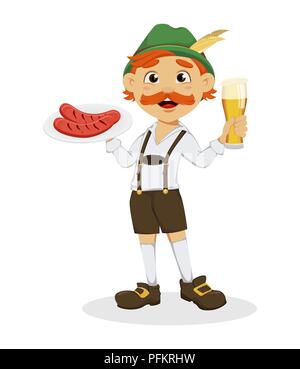 Oktoberfest, beer festival. Funny redhead man, cartoon character holding grilled sausages and beer. Vector illustration on white background Stock Vector