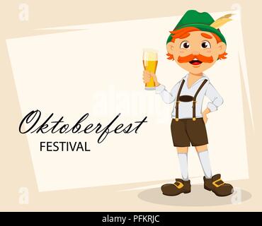 Oktoberfest, beer festival. Funny redhead man, cartoon character holding a glass of beer. Vector illustration on abstract background Stock Vector