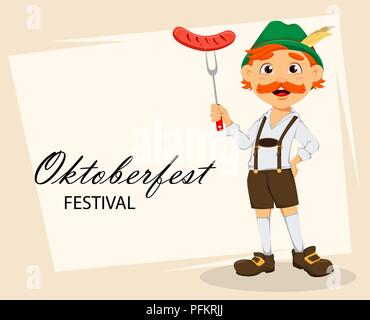 Oktoberfest, beer festival. Funny redhead man, cartoon character holding grilled sausage on fork. Vector illustration on abstract background Stock Vector