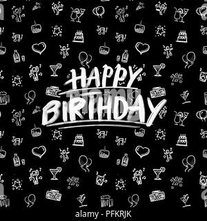 happy birthday lettering with party doodles. Hand drawn vector sketch. White on black. Stock Vector