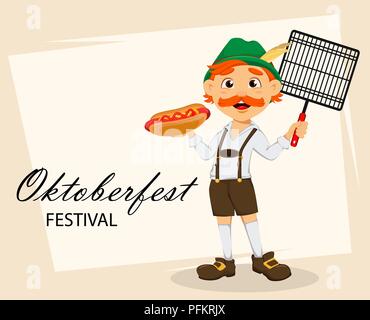 Oktoberfest, beer festival. Funny redhead man, cartoon character holding hot dog and grid. Vector illustration on abstract background Stock Vector