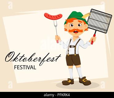 Oktoberfest, beer festival. Funny redhead man, cartoon character holding grilled sausage on fork and grid. Vector illustration on abstract background Stock Vector