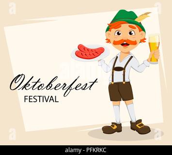 Oktoberfest, beer festival. Funny redhead man, cartoon character holding grilled sausages and beer. Vector illustration on abstract background Stock Vector