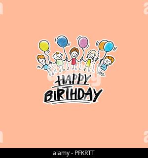 happy birthday kids logo on beige background. Hand drawn vector sketch. Stock Vector