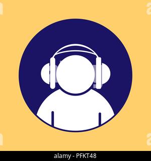 Silhouette of a man wearing headphones on a round blue button, yellow background Stock Vector