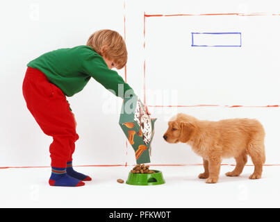 Blonde boy bending forward pouring dog biscuits into green bowl for Golden Retriever puppy standing nearby, side view. Stock Photo